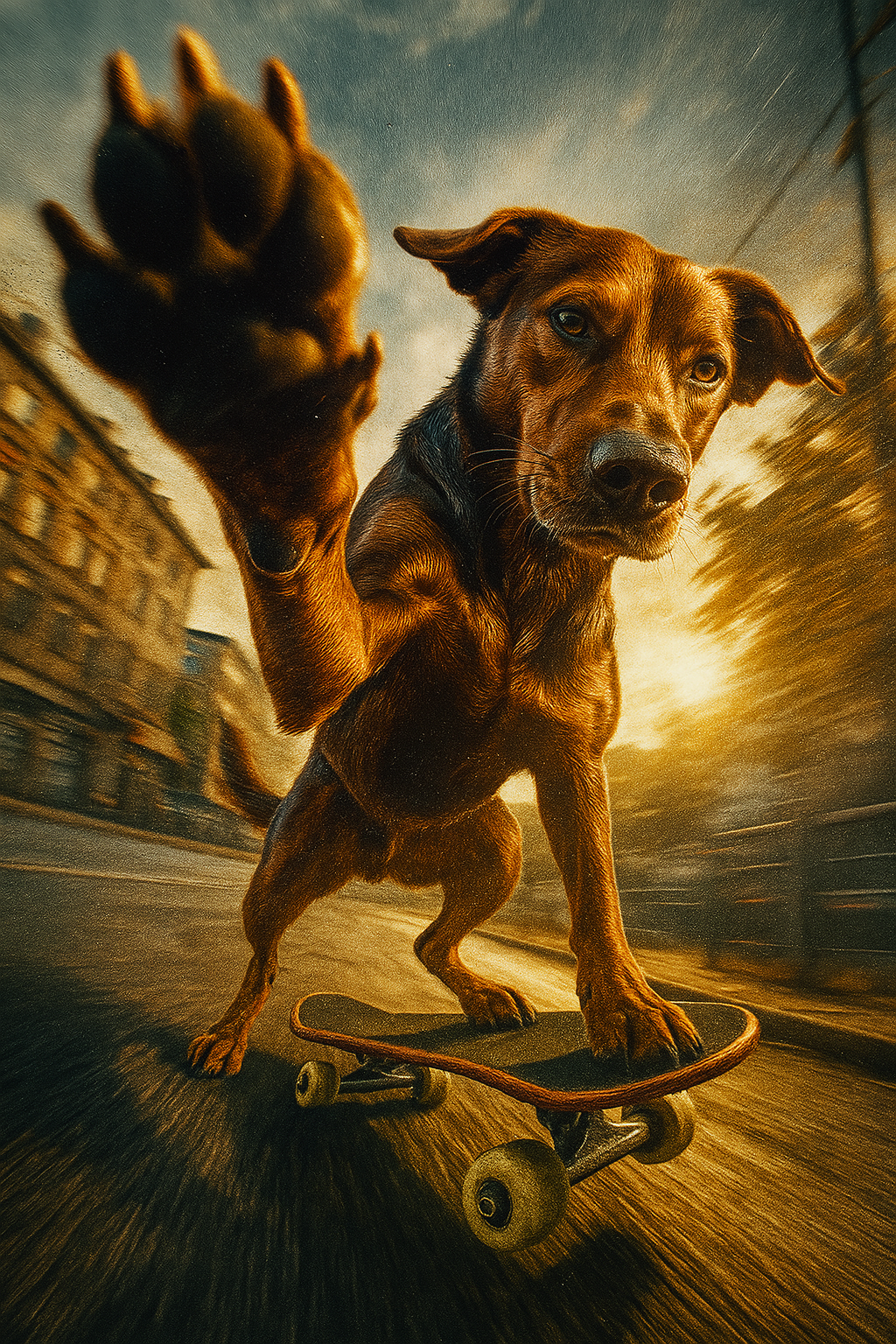 Cinematic Skateboard-Hund im PromptRebel-Stil